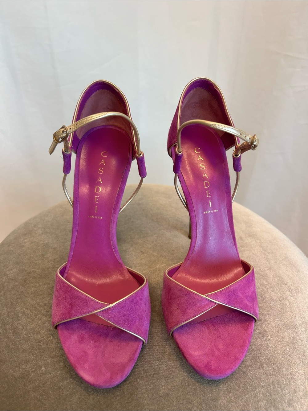 Casadei purple suede Blade high-heeled open toe sandals metallic gold strap 9.5 - Picture 4 of 9